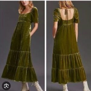 Anthropologie Velvet Empire Midi Waist  Olive Green Velvet Dress $180 new